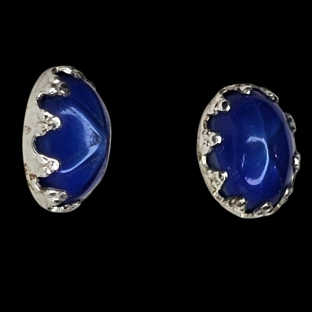 Dainty Cobalt Royal Blue Oval‎ Stud Earrings VTG 1/20 12K Gold Filled Silver